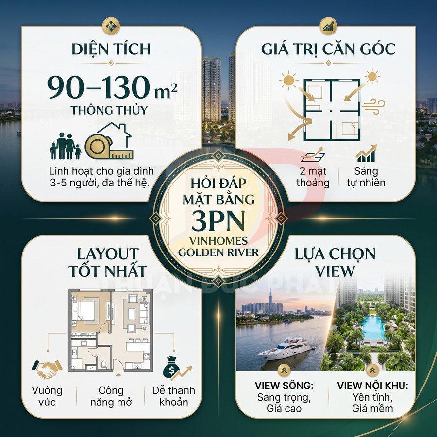 Thông tin căn hộ 3 phòng ngủ Vinhomes Golden River diện tích 90 130m2 layout vuông vức view sông và nội khu