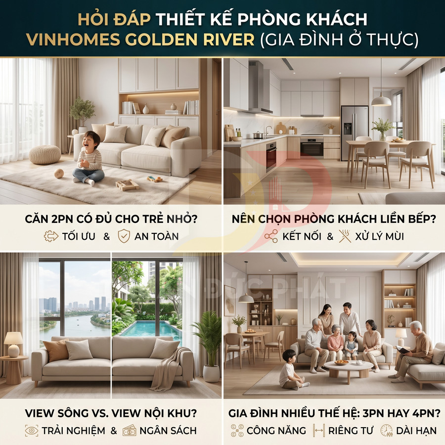 Thiết kế phòng khách chung cư Vinhomes Golden River hiện đại, nội thất gỗ sáng, sofa và bếp liền phòng ăn cho gia đình nhiều thế hệ
