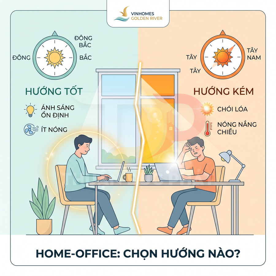 Minh họa so sánh làm việc tại nhà với bàn làm việc gần cửa sổ hướng tốt và hướng nắng gắt