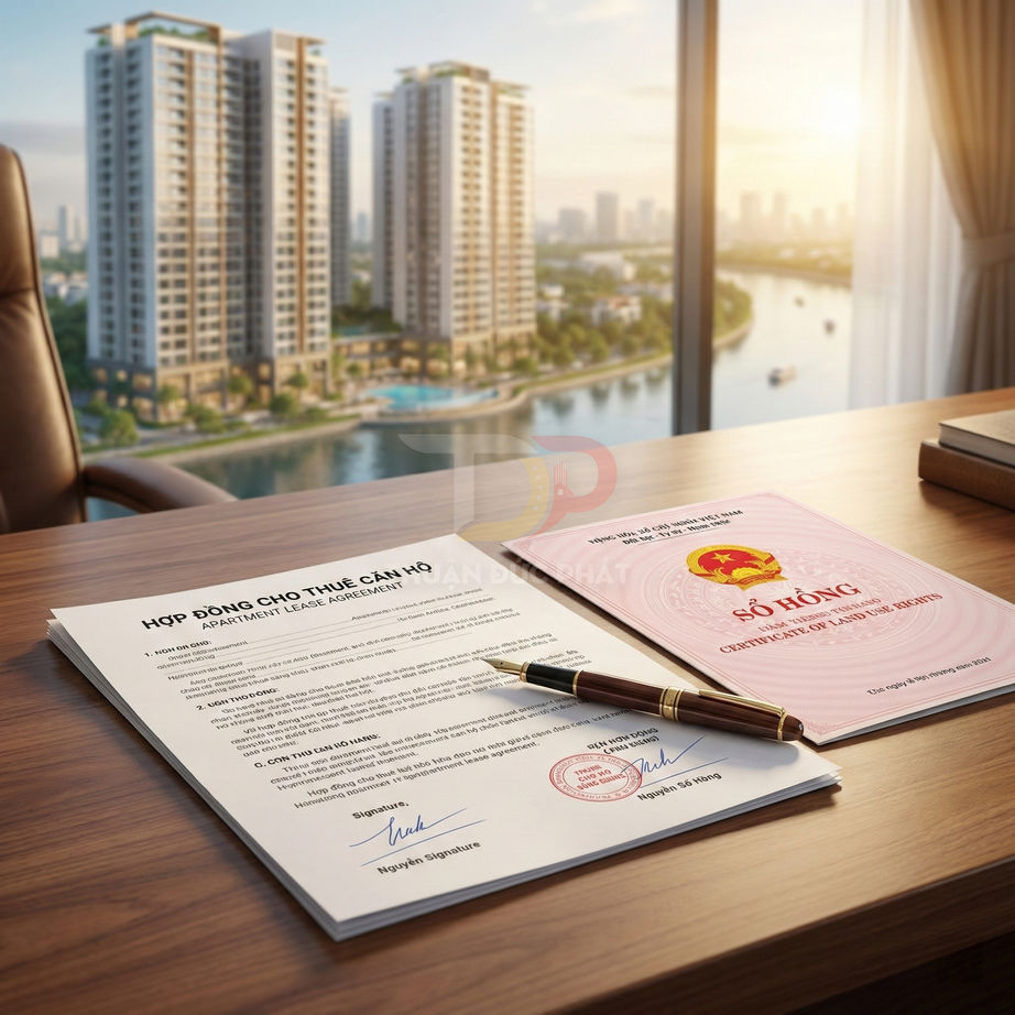 Hợp đồng cho thuê căn hộ và sổ hồng đặt trên bàn làm việc, phía sau là chung cư cao tầng bên sông