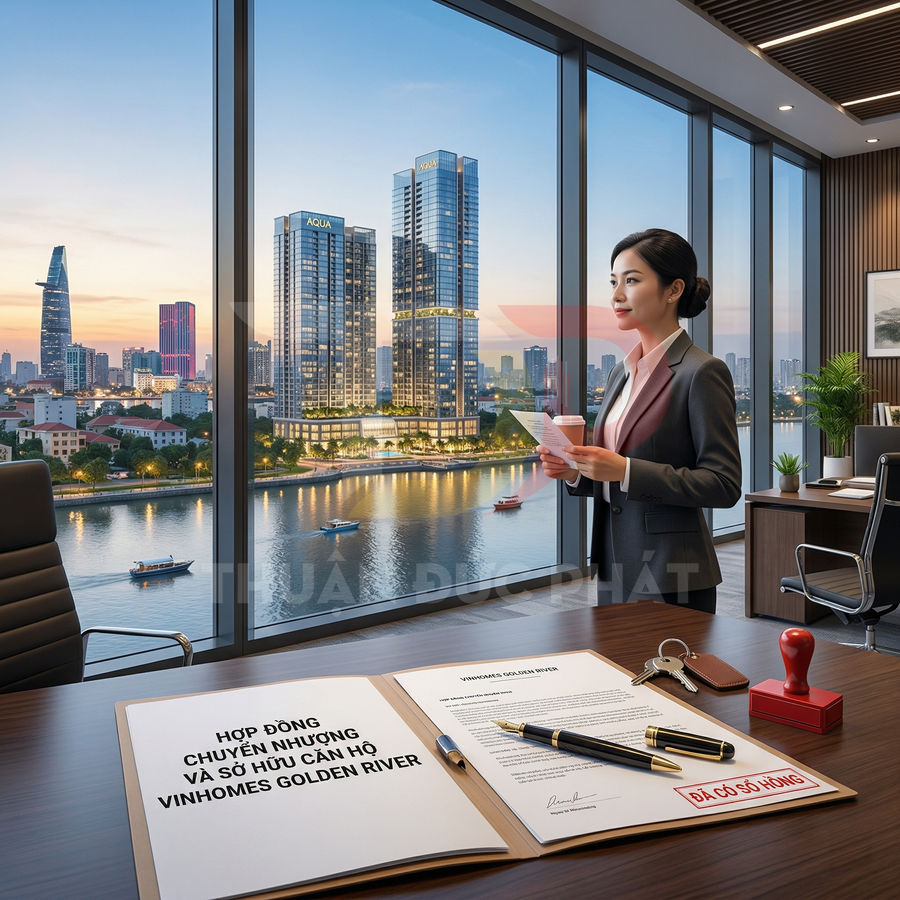 Hợp đồng chuyển nhượng căn hộ Vinhomes Golden River trên bàn làm việc văn phòng view sông và tòa nhà Aqua
