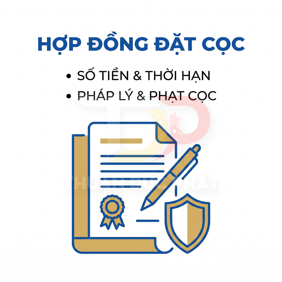 Hợp đồng đặt cọc với biểu tượng giấy tờ, bút ký và khiên bảo vệ pháp lý