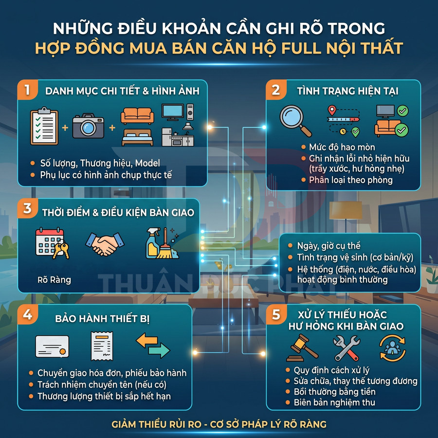 Infographic các điều khoản cần ghi rõ trong hợp đồng mua bán căn hộ full nội thất để giảm thiểu rủi ro