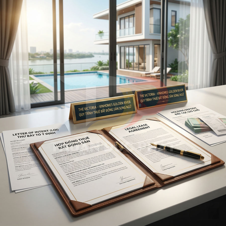 Hợp đồng thuê bất động sản Vinhomes Golden River đặt trên bàn làm việc, phía sau là biệt thự hồ bơi sang trọng