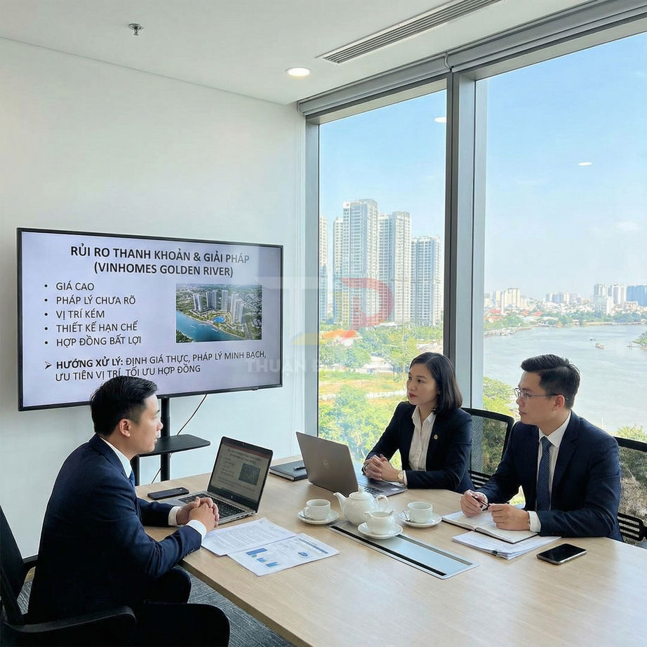 Nhân viên văn phòng họp bàn giải pháp dự án Vinhomes Golden River với laptop và màn hình trình chiếu