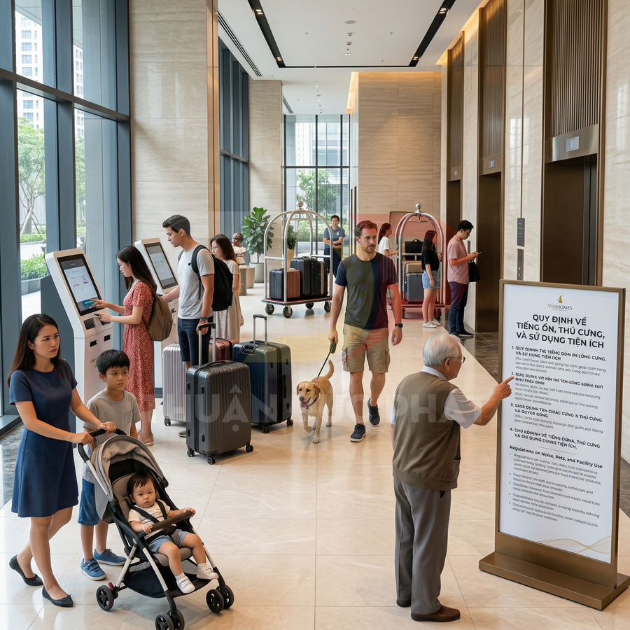 Sảnh khách sạn Vinhomes với khách làm thủ tục trên kiosk, hành lý và xe đẩy vali chờ thang máy