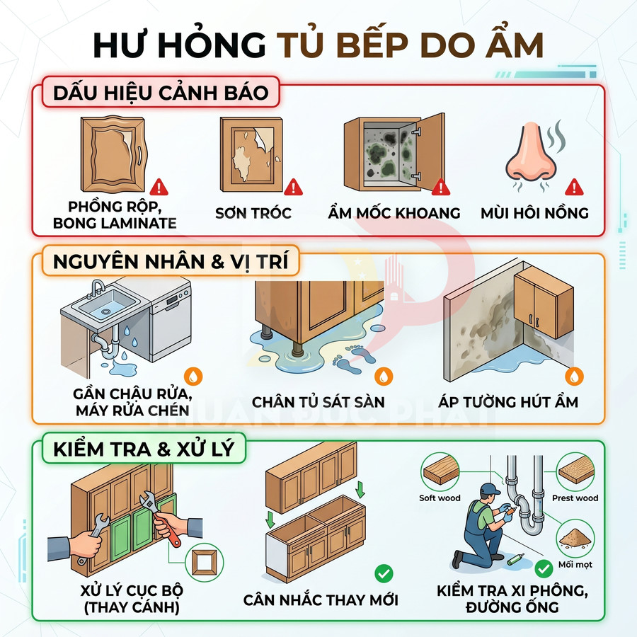 Hư hỏng tủ bếp do ẩm với dấu hiệu phồng rộp, sơn tróc, ẩm mốc và hướng dẫn kiểm tra xử lý