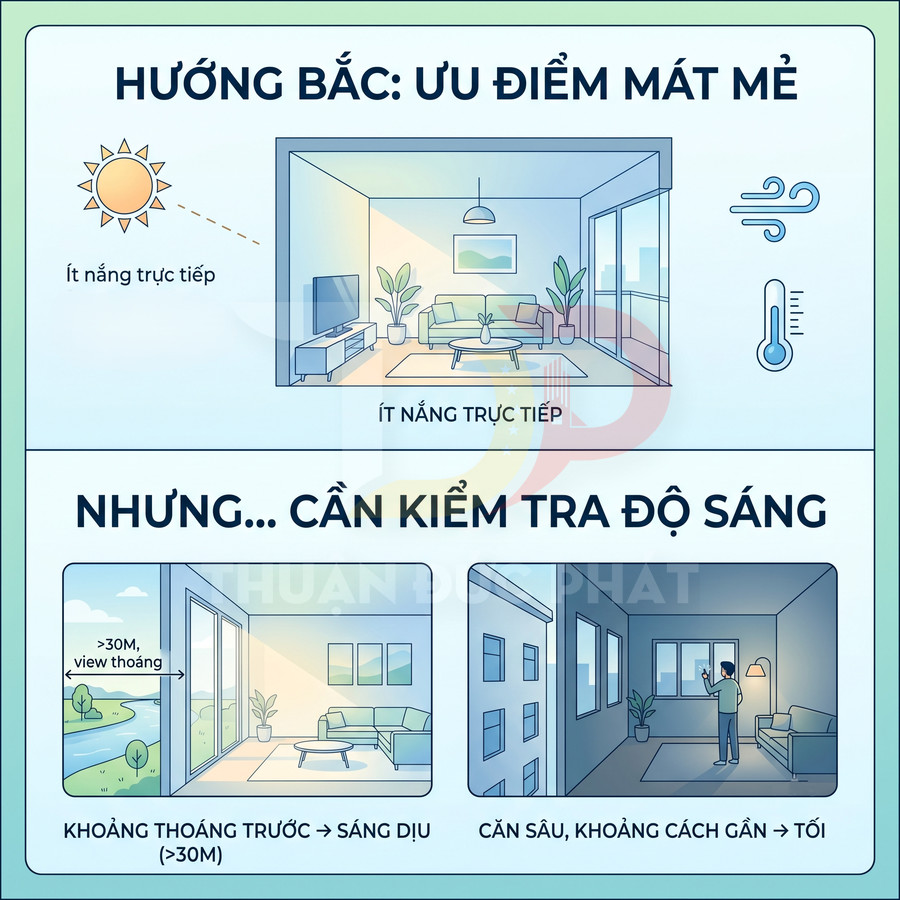 Minh họa ưu điểm nhà hướng Bắc mát mẻ và lưu ý kiểm tra độ sáng, khoảng thoáng trước ban công