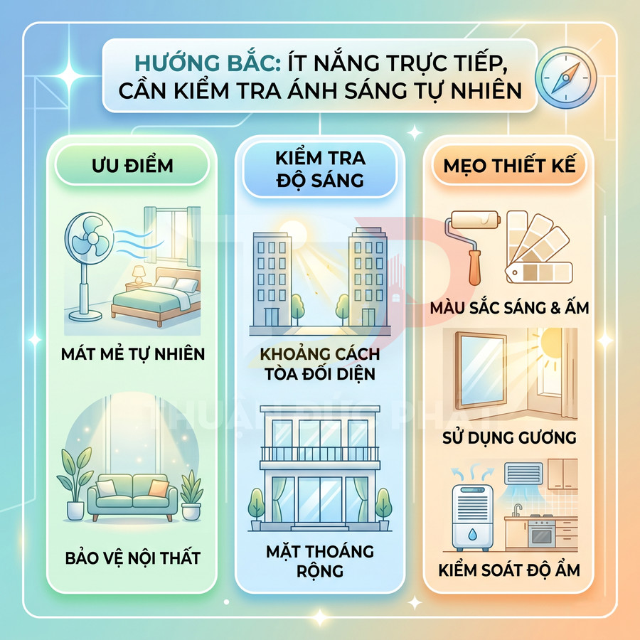 Hướng dẫn thiết kế nhà hướng Bắc với ưu điểm mát mẻ, kiểm tra độ sáng và mẹo chọn màu, gương, máy hút ẩm