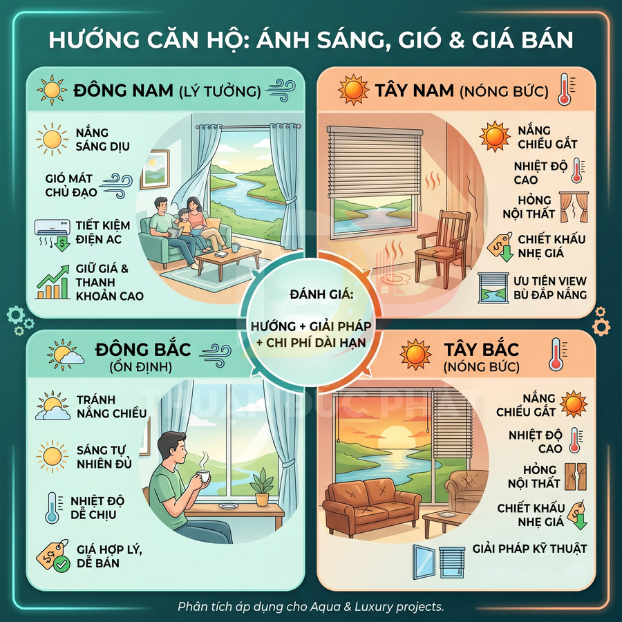 Infographic so sánh ưu nhược điểm các hướng căn hộ theo ánh sáng gió và giá bán