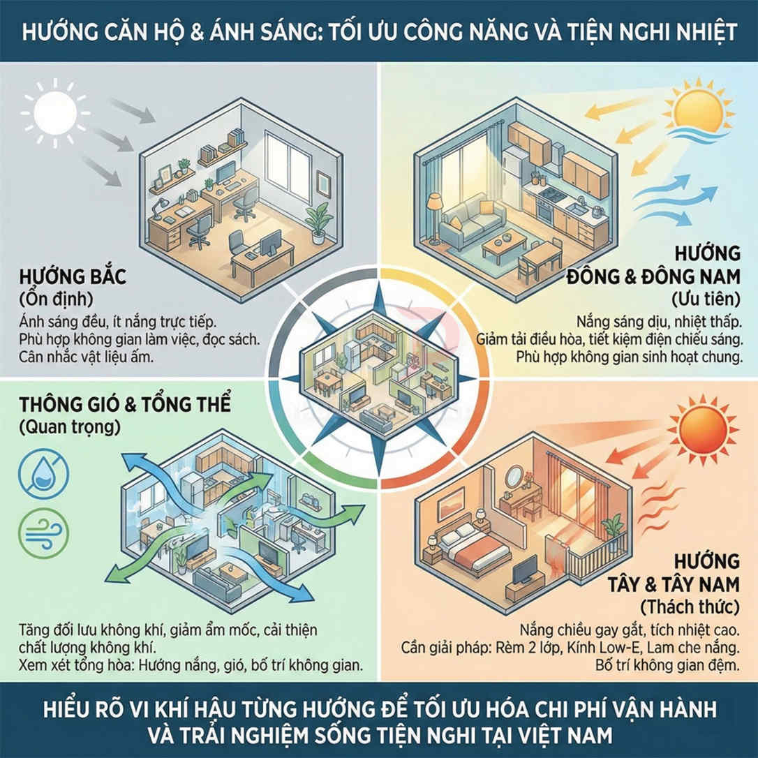 Infographic hướng căn hộ và ánh sáng tối ưu công năng, thông gió và tiện nghi nhiệt cho nhà ở Việt Nam
