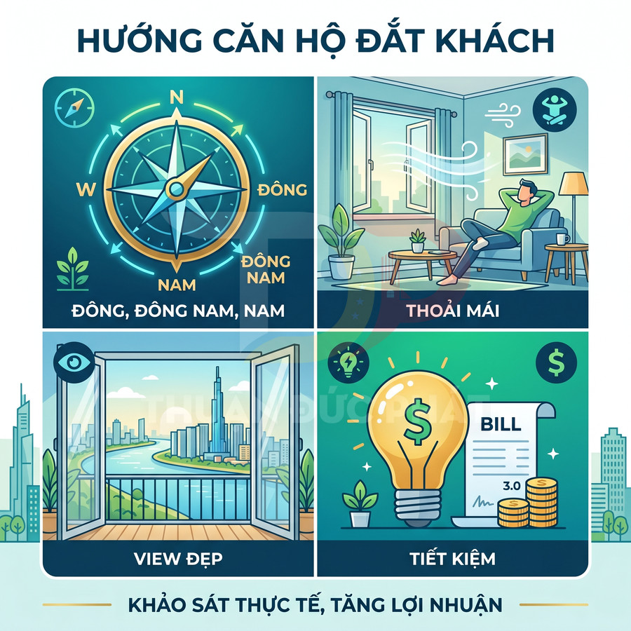 Infographic hướng căn hộ đất khách với la bàn, phòng khách thoải mái, view sông thành phố và biểu tượng tiết kiệm chi phí