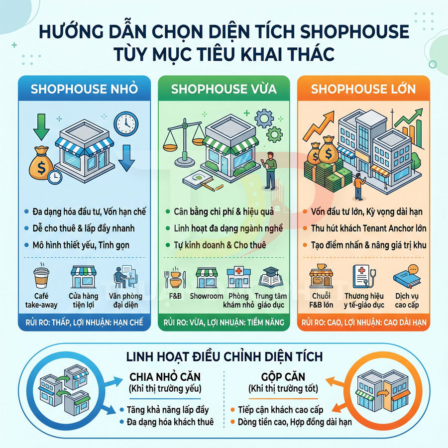 Infographic hướng dẫn chọn diện tích shophouse nhỏ vừa lớn và cách chia gộp căn theo mục tiêu khai thác