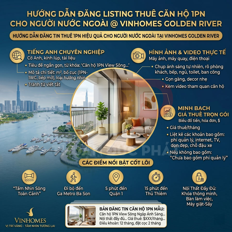 Hướng dẫn đăng tin cho thuê căn hộ 1 phòng ngủ Vinhomes Golden River view sông cho người nước ngoài