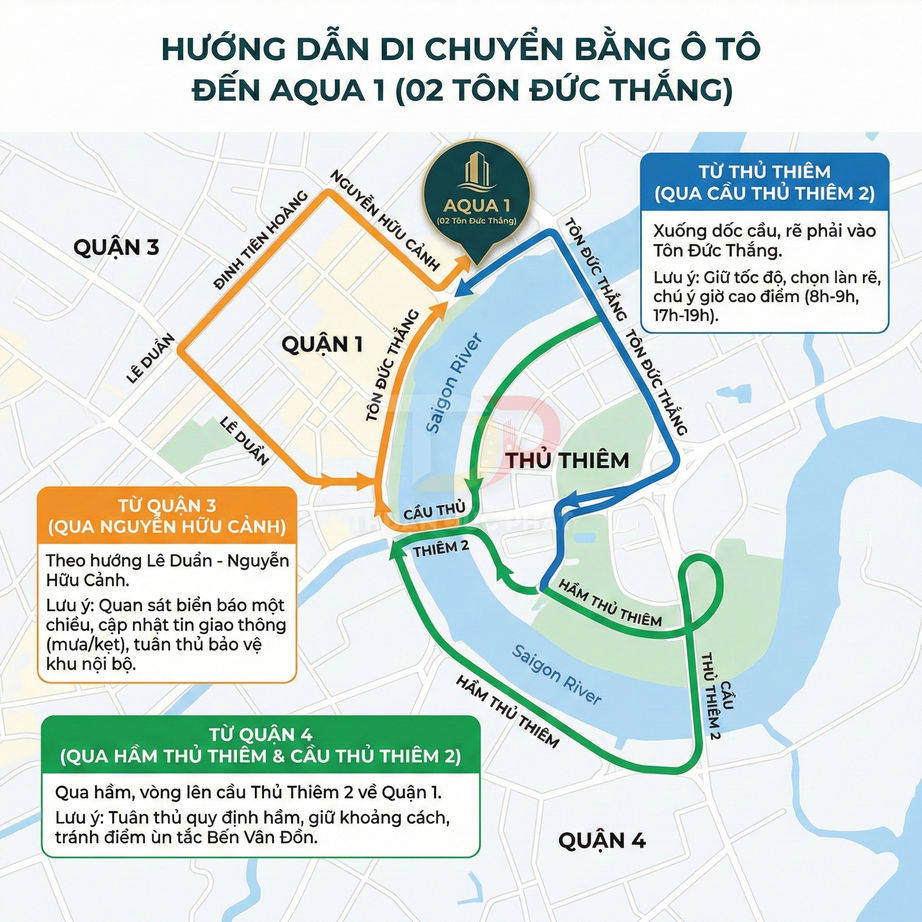 Bản đồ hướng dẫn đường đi bằng ô tô đến dự án Aqua 1 số 02 Tôn Đức Thắng từ Quận 1, 3 và 4
