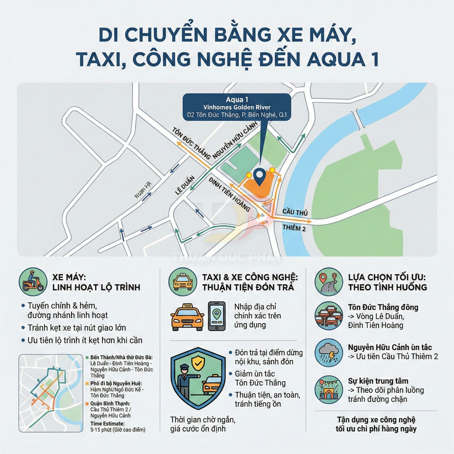 Bản đồ hướng dẫn di chuyển bằng xe máy, taxi và xe công nghệ đến Aqua 1 Vinhomes Golden River