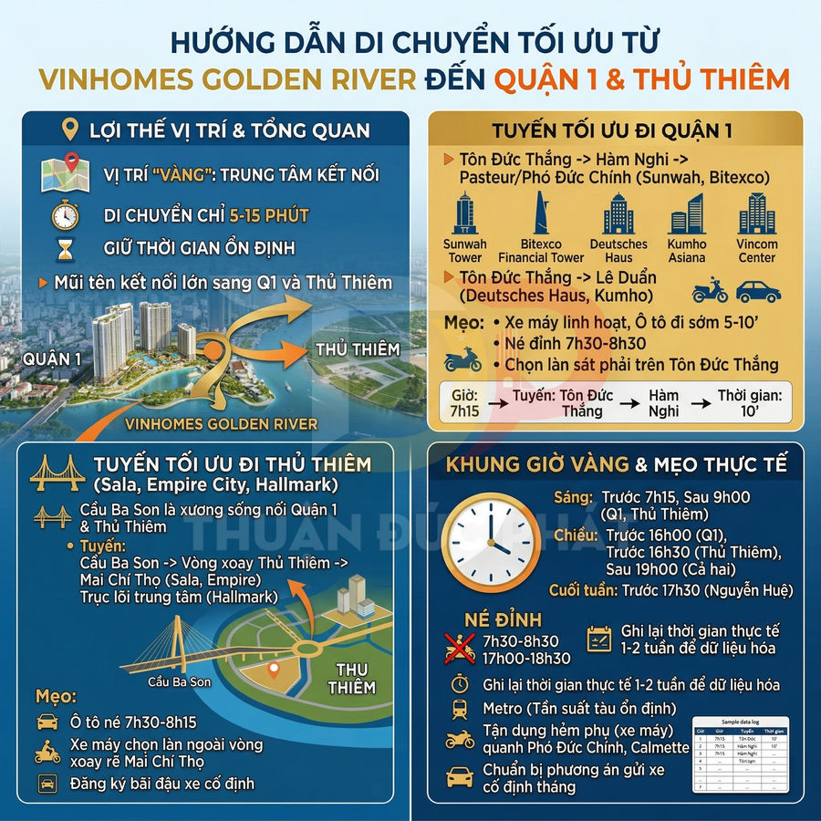 Hướng dẫn di chuyển tối ưu từ Vinhomes Golden River đến Quận 1 và Thủ Thiêm, mẹo chọn tuyến và khung giờ vàng
