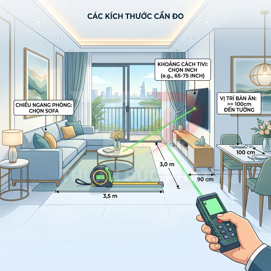 Hướng dẫn đo khoảng cách trong phòng khách để chọn kích thước tivi treo tường phù hợp