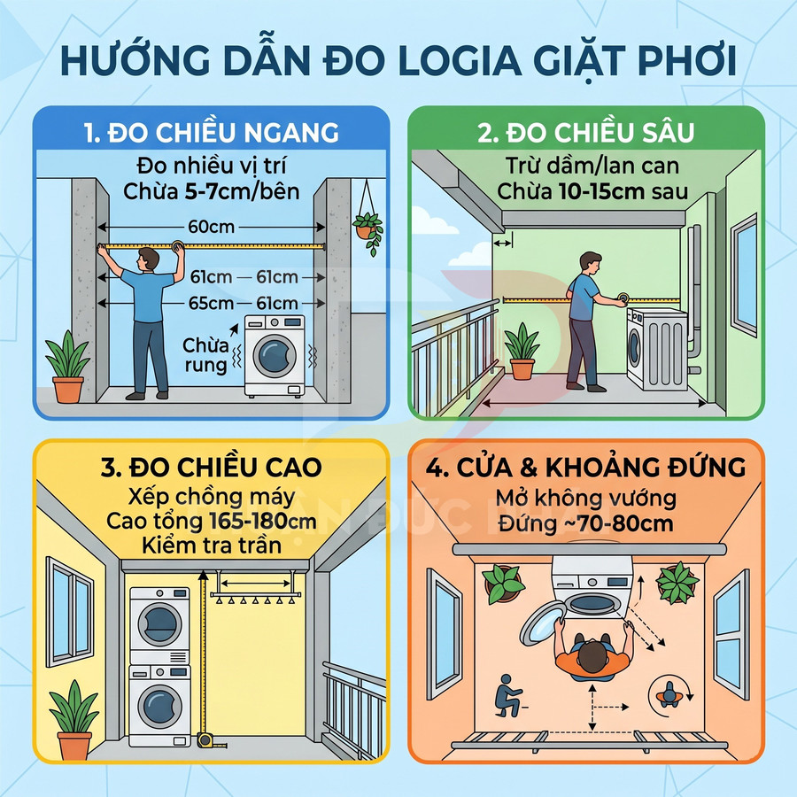 Hướng dẫn đo logia lắp đặt máy giặt và máy sấy, minh họa các bước đo chiều ngang, sâu, cao và khoảng mở cửa