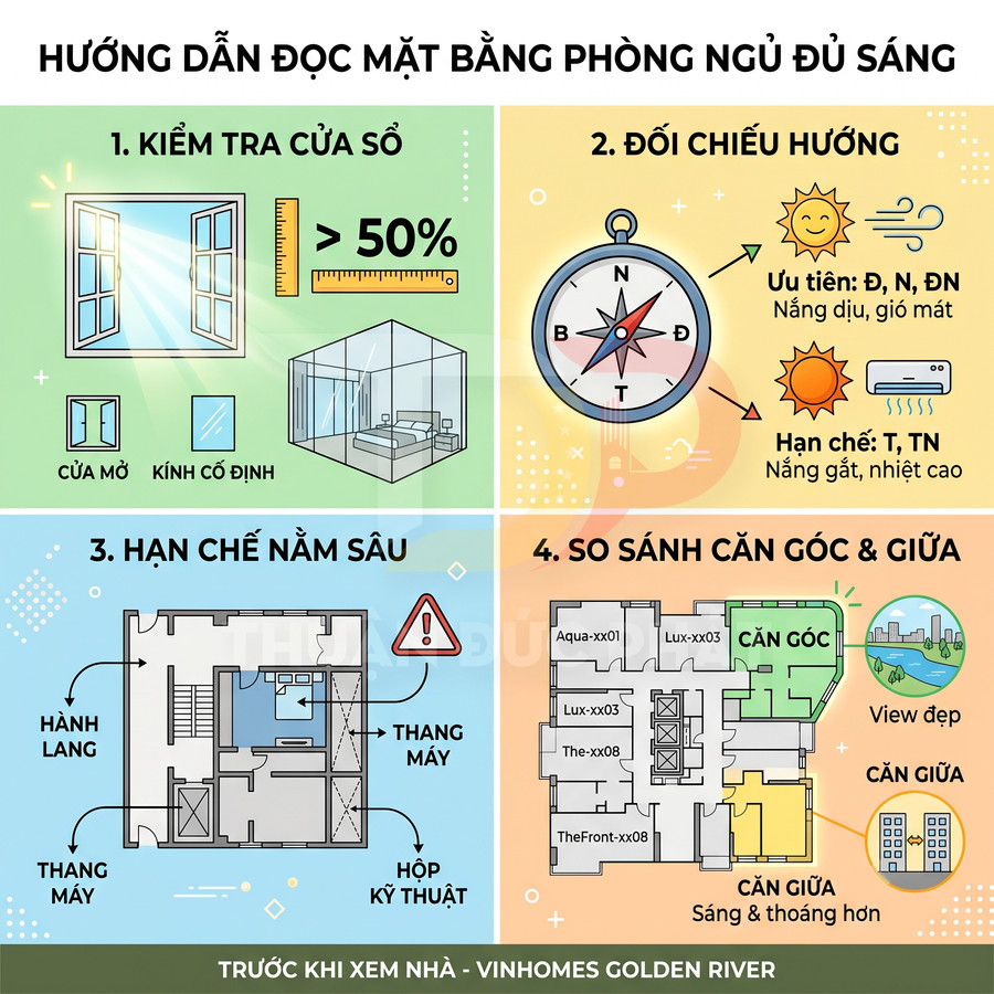 Hướng dẫn đọc mặt bằng chọn phòng ngủ đủ sáng tại Vinhomes Golden River với minh họa cửa sổ, hướng nắng và vị trí căn hộ