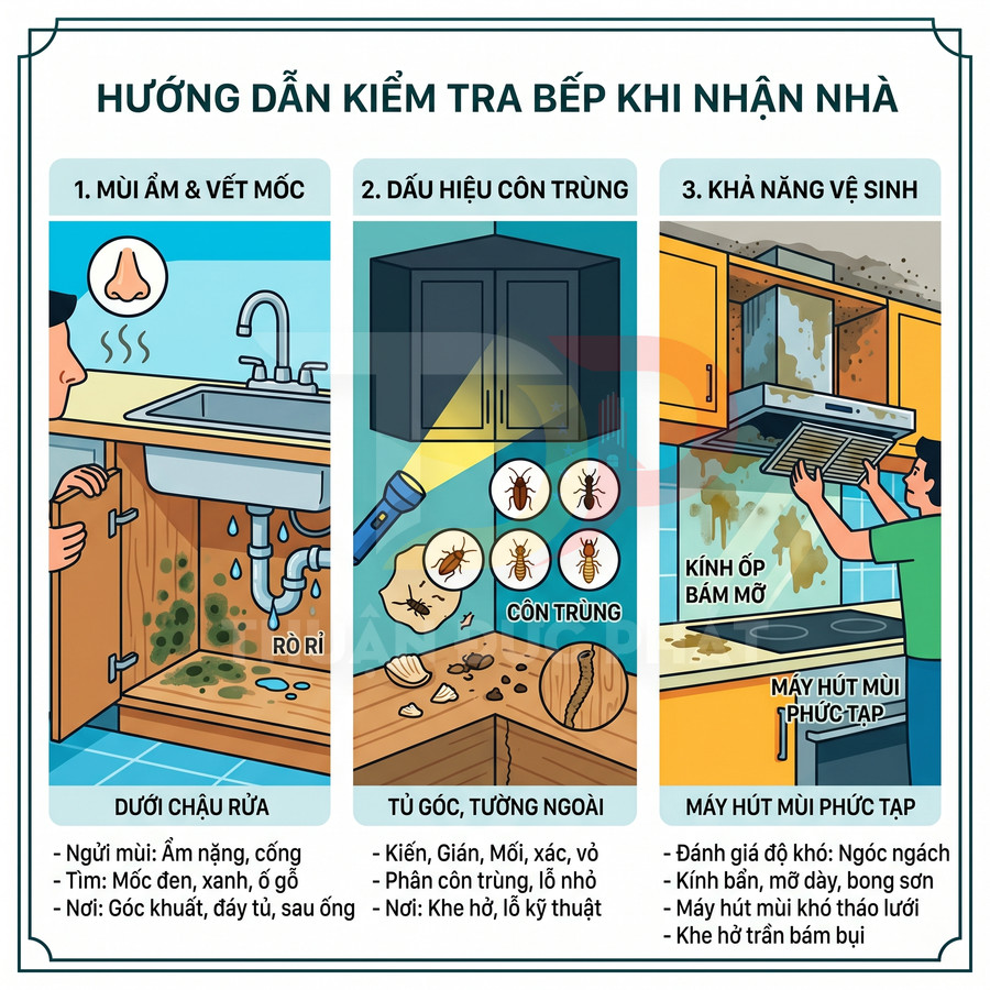 Hướng dẫn kiểm tra bếp khi nhận nhà với các bước phát hiện ẩm mốc, côn trùng và vệ sinh máy hút mùi