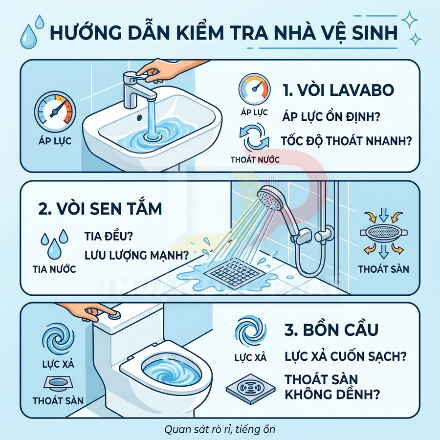 Hướng dẫn kiểm tra nhà vệ sinh với vòi lavabo, vòi sen tắm và bồn cầu, nhấn mạnh áp lực nước và khả năng thoát nước