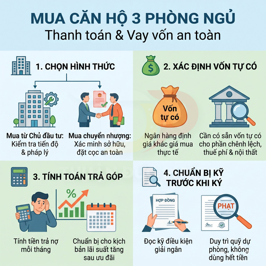 Hướng dẫn mua căn hộ 3 phòng ngủ an toàn, từ chọn hình thức mua đến tính khoản vay và chuẩn bị ký hợp đồng
