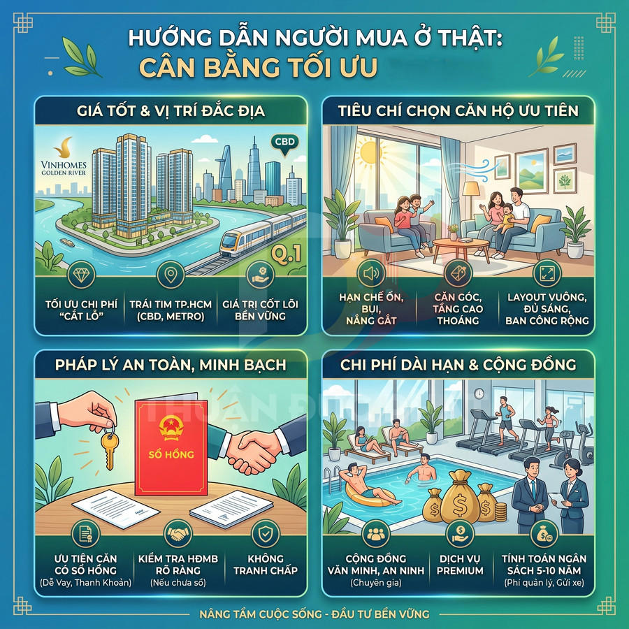 Infographic hướng dẫn chọn mua căn hộ thực tế với tiêu chí giá, vị trí, pháp lý, chi phí dài hạn và cộng đồng