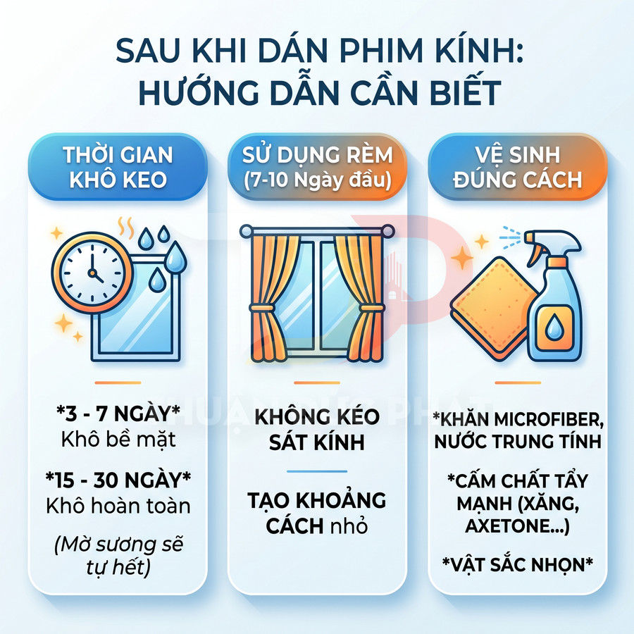 Hướng dẫn chăm sóc sau khi dán phim kính: thời gian khô keo, dùng rèm và vệ sinh kính đúng cách