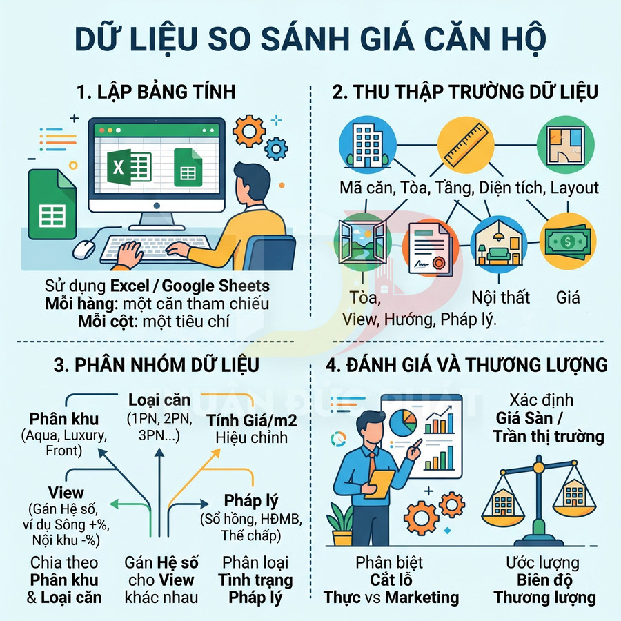 Infographic quy trình thu thập và phân tích dữ liệu so sánh giá căn hộ bằng Excel và Google Sheets