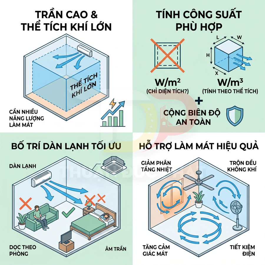 Infographic hướng dẫn chọn công suất và bố trí điều hòa, quạt trần để làm mát phòng hiệu quả và tiết kiệm điện