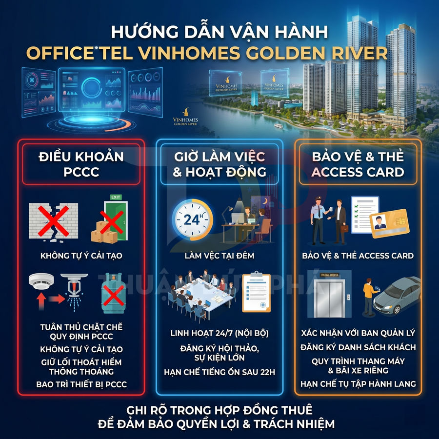 Hướng dẫn vận hành officetel Vinhomes Golden River với quy định PCCC, giờ làm việc, bảo vệ và thẻ access card