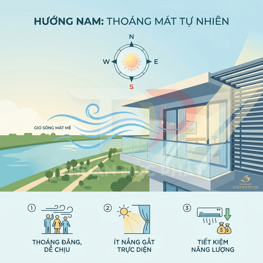Ban công căn hộ Vinhomes Golden River hướng nam đón gió sông mát, ít nắng gắt và tiết kiệm năng lượng