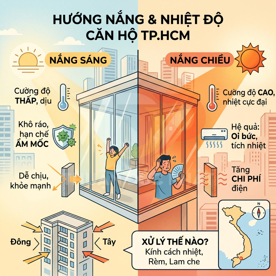 So sánh nắng sáng và nắng chiều ảnh hưởng nhiệt độ căn hộ TP HCM, gợi ý dùng kính cách nhiệt và rèm che