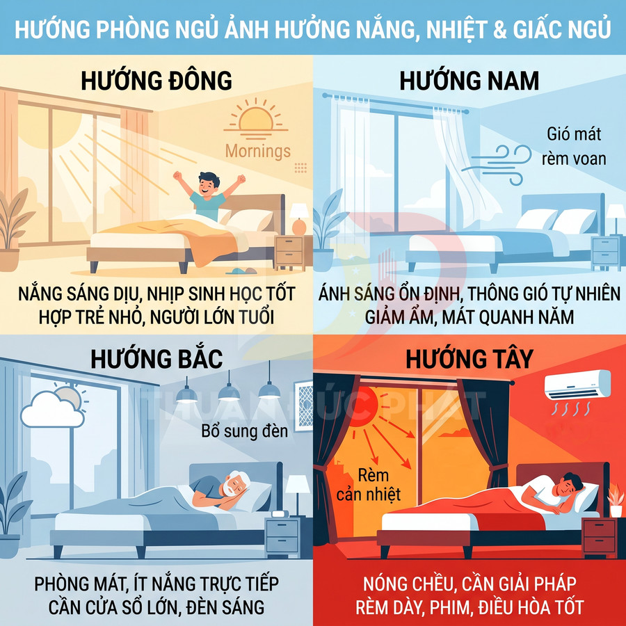 Minh họa phòng ngủ theo bốn hướng Đông Tây Nam Bắc với giường, cửa sổ, rèm và điều hòa ảnh hưởng nắng và giấc ngủ
