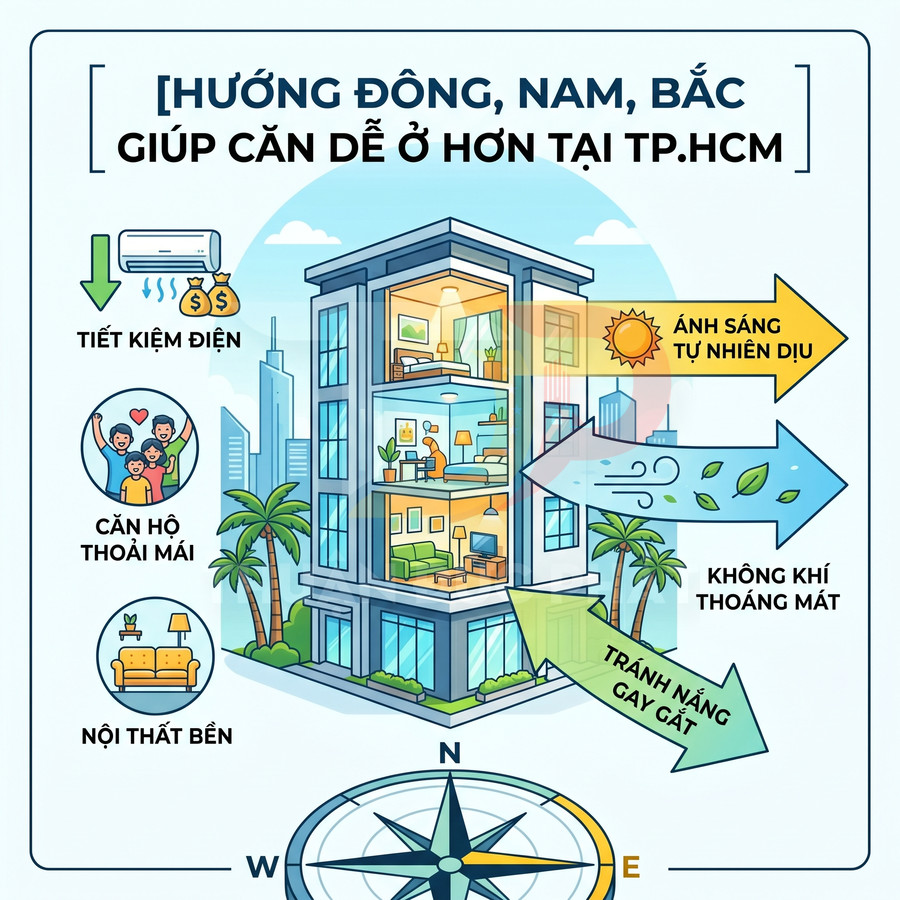 Infographic hướng dẫn chọn hướng căn hộ Đông Nam Bắc tại TP.HCM để tiết kiệm điện và thoáng mát