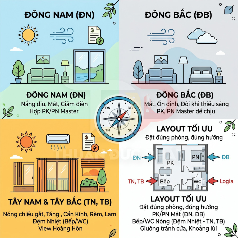Infographic hướng dẫn chọn hướng nhà và bố trí phòng khách, phòng ngủ, bếp theo Đông Nam, Đông Bắc, Tây Nam, Tây Bắc