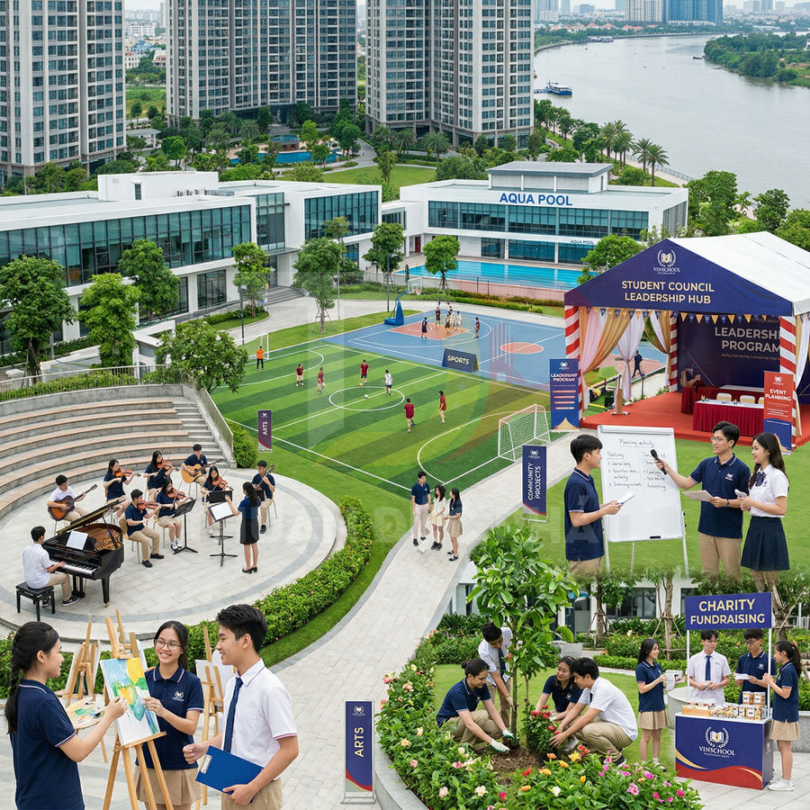 Khuôn viên trường quốc tế với học sinh tham gia thể thao, âm nhạc, hội họa và hoạt động ngoại khóa ngoài trời