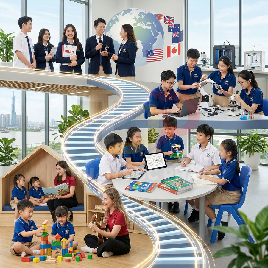 Học sinh quốc tế học tiếng Anh, khoa học và kỹ năng STEAM trong lớp học hiện đại nhiều cấp độ