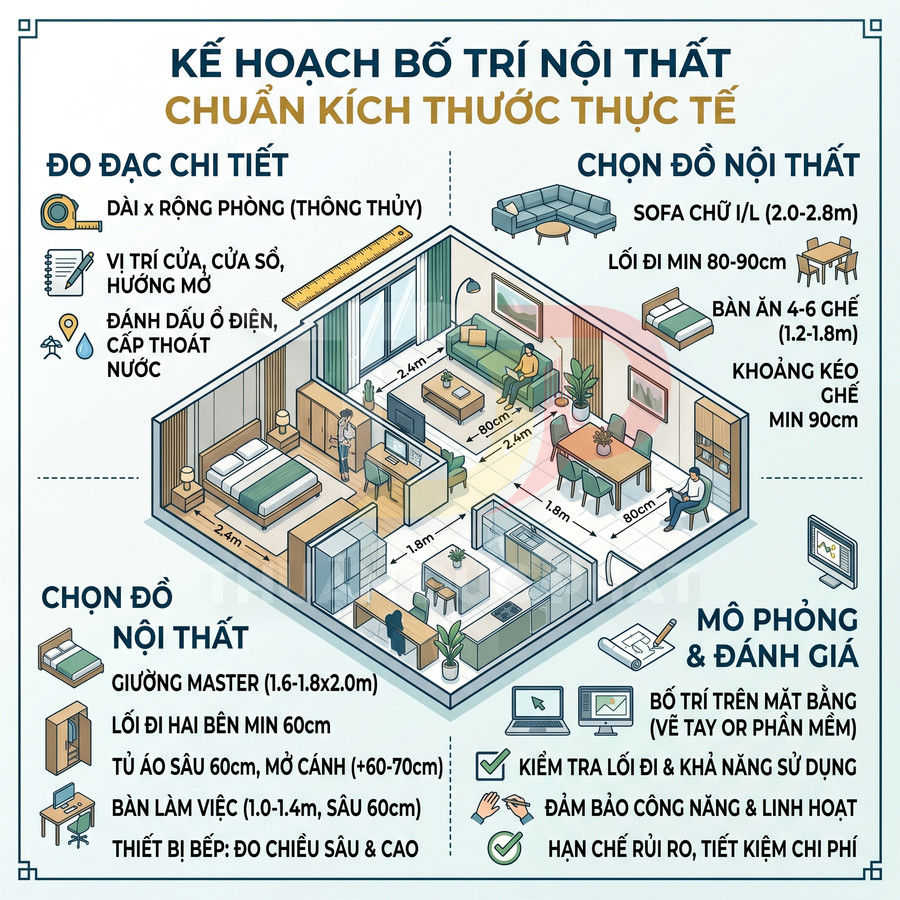 Sơ đồ bố trí nội thất căn hộ với sofa, giường ngủ, bàn ăn, bếp và kích thước chuẩn cho từng khu vực
