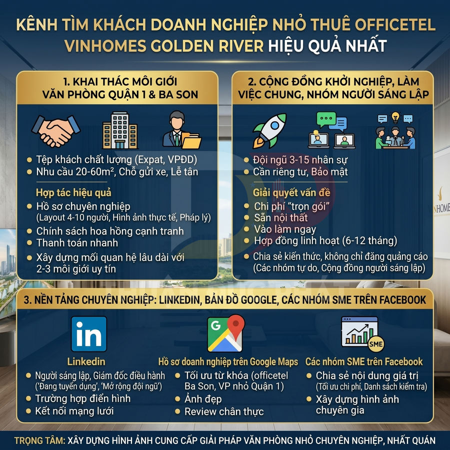 Infographic kênh tìm khách doanh nghiệp thuê officetel Vinhomes Golden River với môi giới, cộng đồng startup và nền tảng online