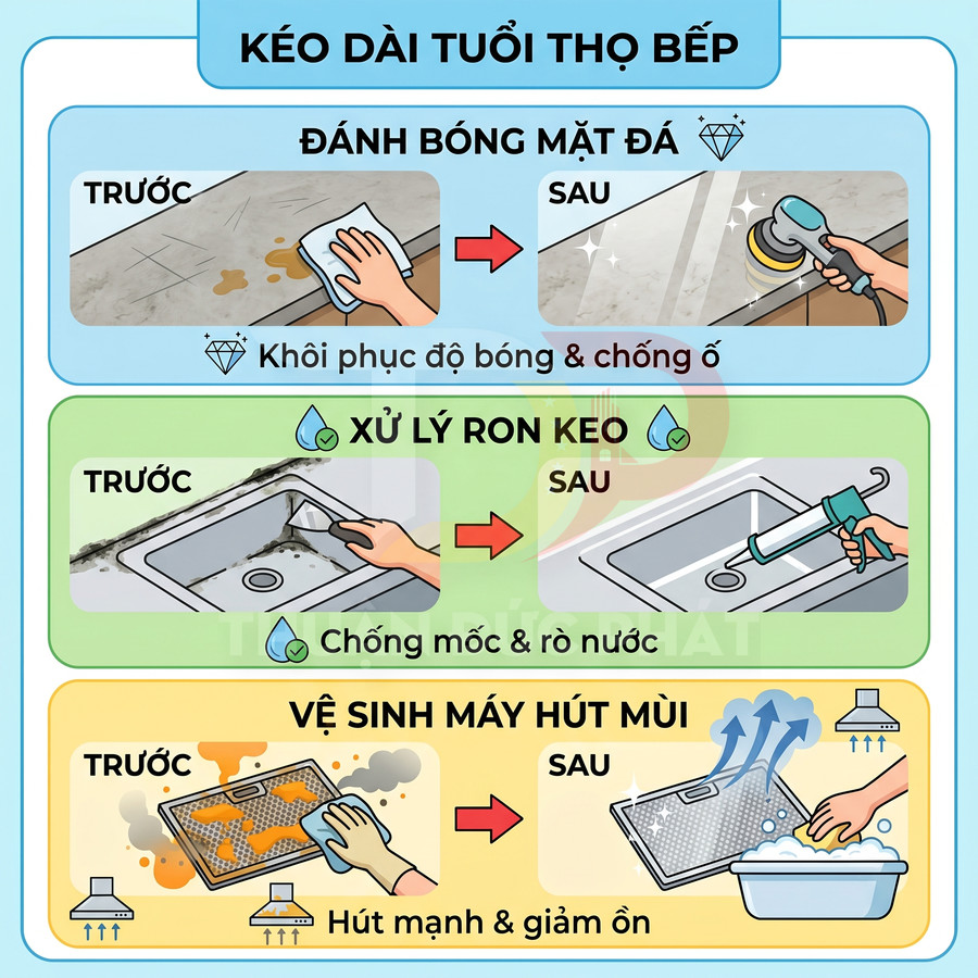 Hướng dẫn đánh bóng mặt đá, xử lý ron keo bồn rửa và vệ sinh lưới lọc máy hút mùi để kéo dài tuổi thọ bếp