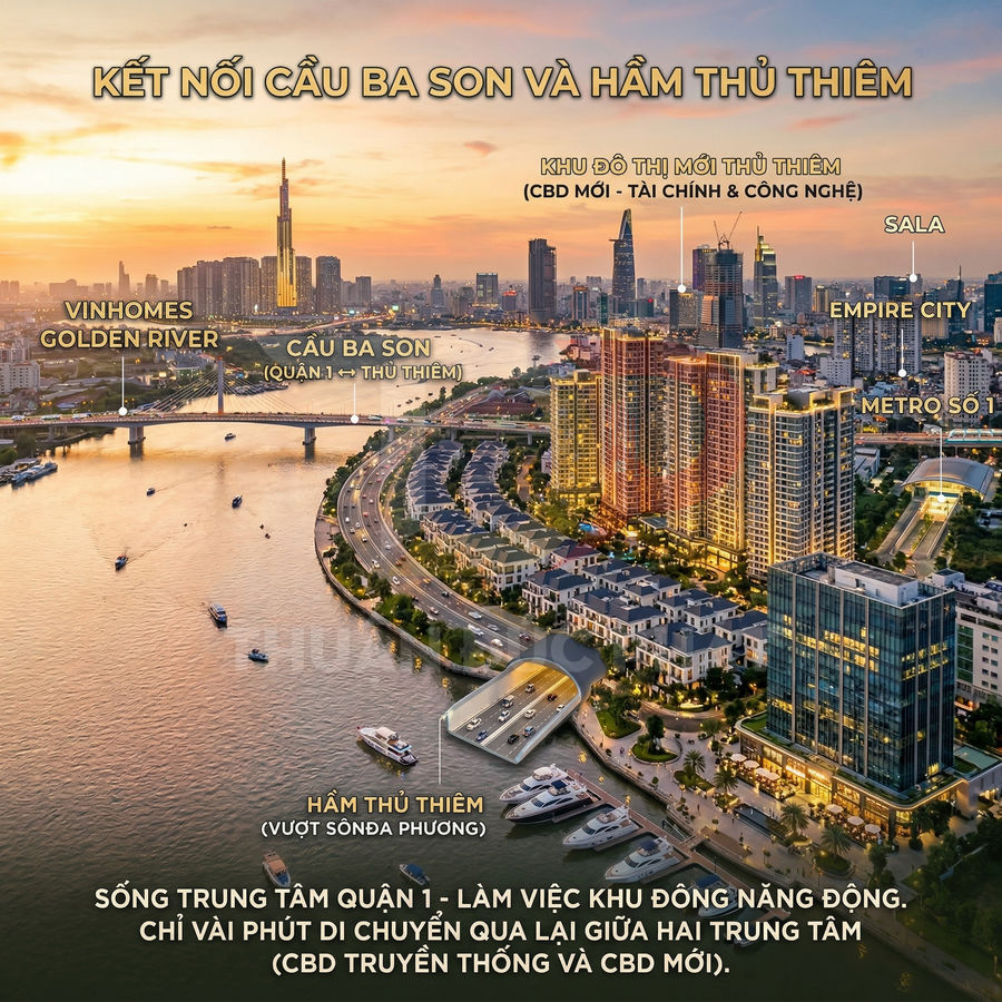 Phối cảnh khu đô thị Thủ Thiêm ven sông Sài Gòn với cầu Ba Son, hầm Thủ Thiêm và các tòa nhà cao tầng hiện đại