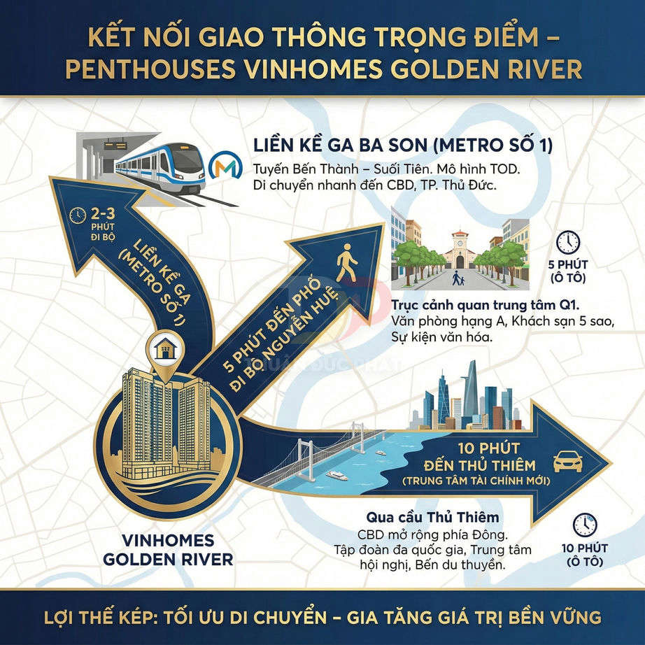 Infographic kết nối giao thông và vị trí đắc địa của penthouse Vinhomes Golden River tại trung tâm TP HCM