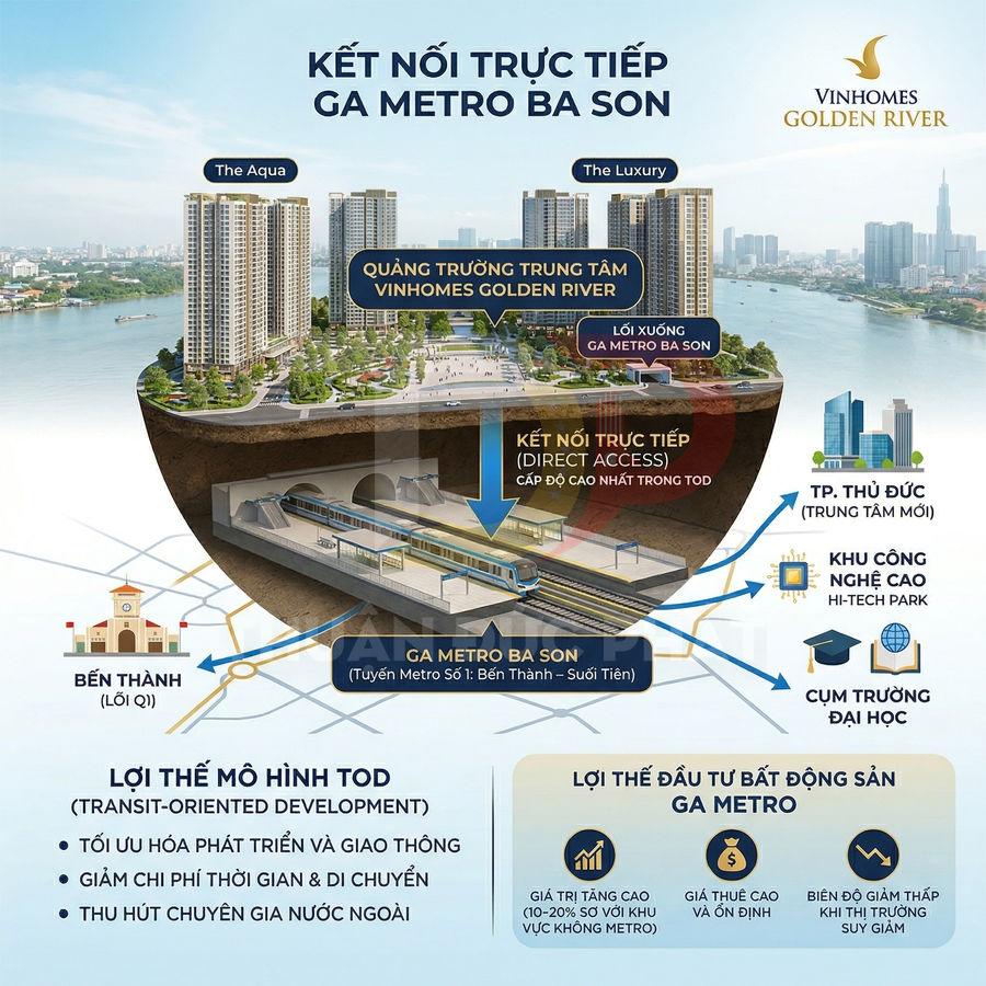 Phối cảnh Vinhomes Golden River kết nối trực tiếp ga metro Ba Son tuyến Bến Thành Suối Tiên bên sông Sài Gòn
