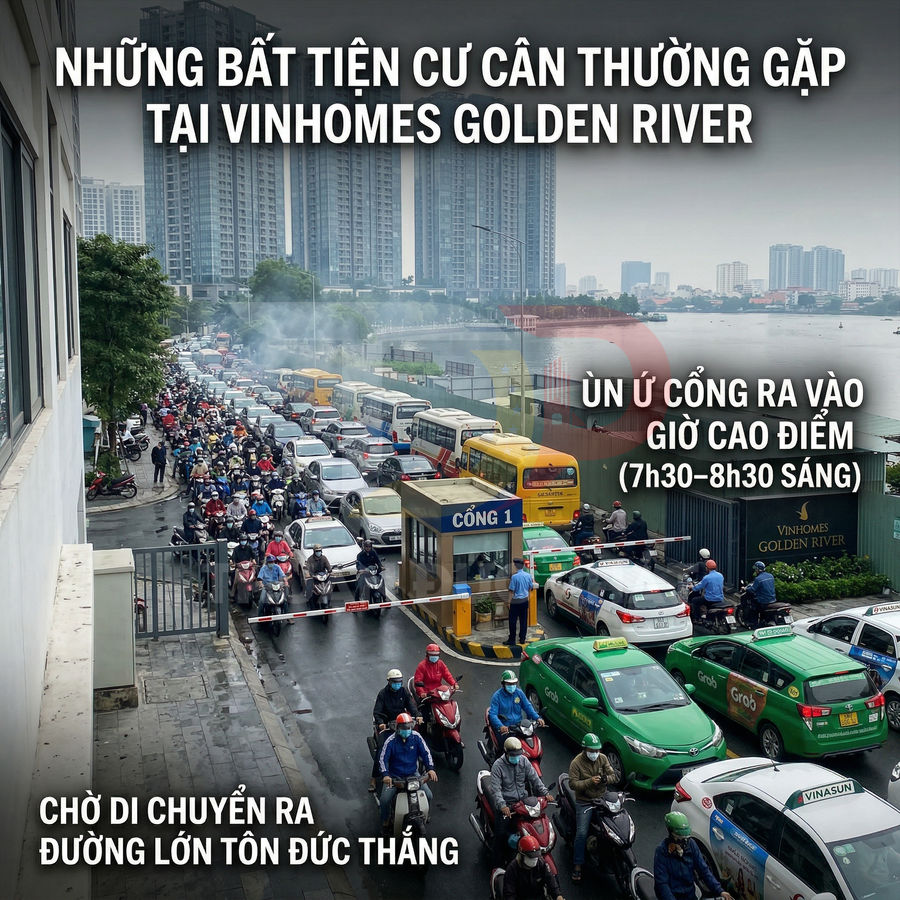 Ùn tắc giao thông giờ cao điểm trước cổng Vinhomes Golden River với hàng dài ô tô và xe máy chờ ra đường lớn