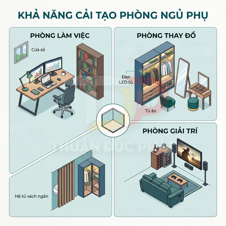 Minh họa các phương án cải tạo phòng ngủ phụ thành phòng làm việc, phòng thay đồ và phòng giải trí