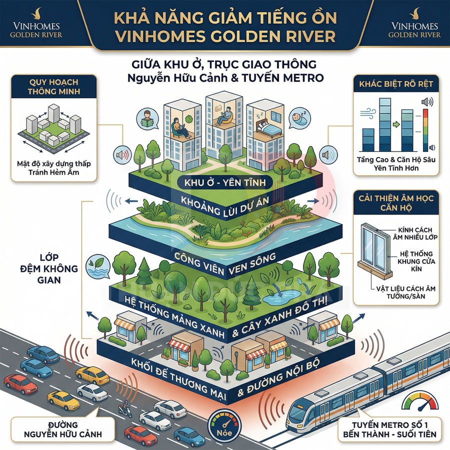 Infographic khả năng giảm tiếng ồn dự án căn hộ Vinhomes Golden River gần đường Nguyễn Hữu Cảnh và tuyến metro