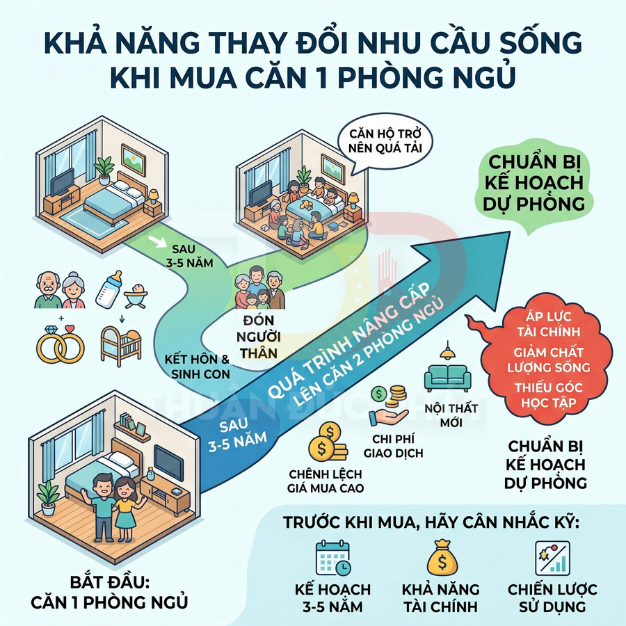 Infographic mô tả quá trình nâng cấp từ căn hộ 1 phòng ngủ lên 2 phòng ngủ theo nhu cầu gia đình