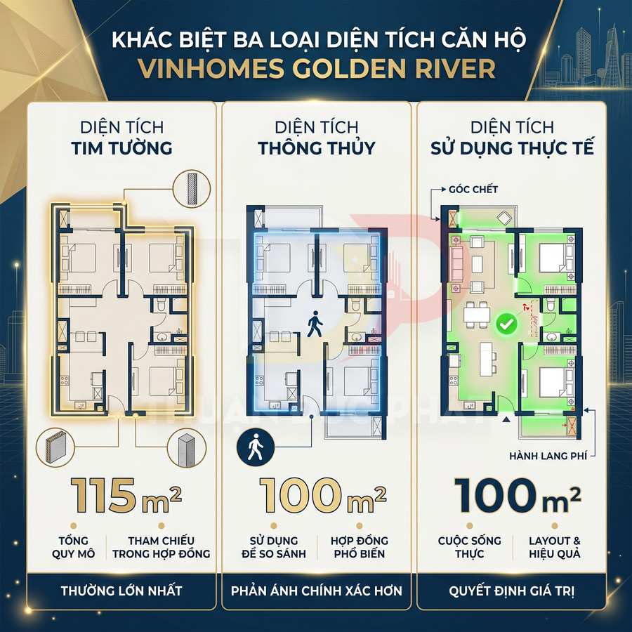 So sánh ba loại diện tích căn hộ Vinhomes Golden River với mặt bằng chi tiết và thông số m2